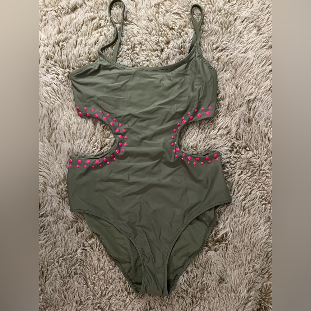 Aerie Green and Pink One Piece Swimsuit with Cutout Design